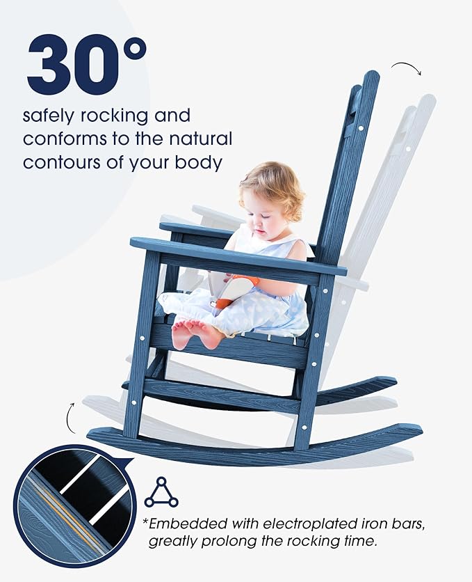 KINGYES Oversized Outdoor Rocking Chair Set of 8, All-Weather Patio Rocking Chairs for Porch, HDPE Outdoor Patio Rockers with High Back & Wide Seat for Garden, Lawn, Blue KINGYES