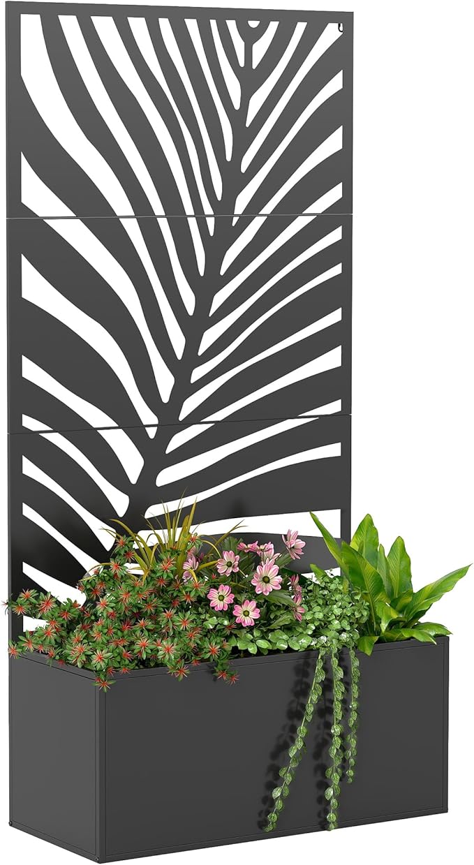 Outsunny Metal Planter Box with Trellis, 71" Tall Raised Garden Bed with Trellis Privacy Screen for Climbing Plants, Large Leaf Cut-Out Privacy Planter for Garden, Patio, Balcony Outsunny