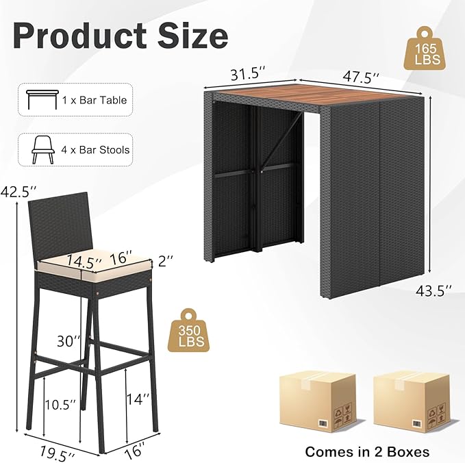 RELAX4LIFE 5-Piece Outdoor Bar Set - Wicker Rattan Bar Height Dining Table w/Acacia Wood Top & 4 Bar Stools Chairs w/Seat Cushions, Backrest, Footrest, Outside Patio Bistro Set for Backyard (47.5'') RELAX4LIFE