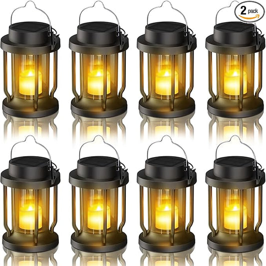 Solar Lantern Outdoor & Indoor Use – Hanging Solar Lights with Realistic Flickering Flameless Candle, Weatherproof for Gardens, Patios, Trees, and Lawns (Black, 8 Pack) Rootora