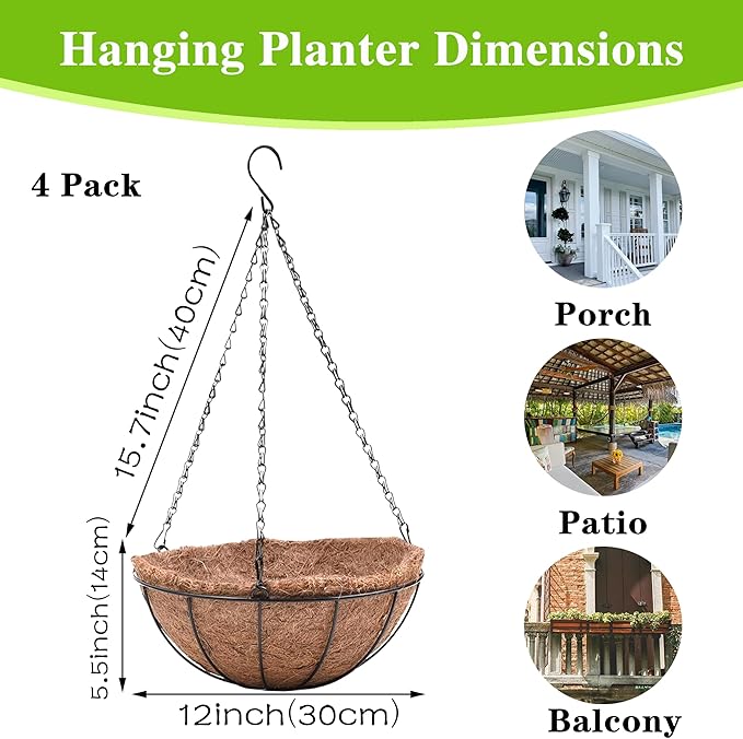 4 Pack Hanging Planter Basket Outdoor Large Hanging Flower Pots Indoor 12 inch with Coco Coir Liner Round Wire Plant Holder Chain Hanging Basket Garden for Home Decor Balcony Office1 EIMQUVW