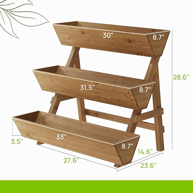 3-Tiers Wooden Raised Garden Bed Tiered Planter Box Flower Pots Vertical Garden Planter Wood Plant Stand for Vegetables Flowers Herbs for Patio, Balcony, Freestanding (Brown L) Dawnyard