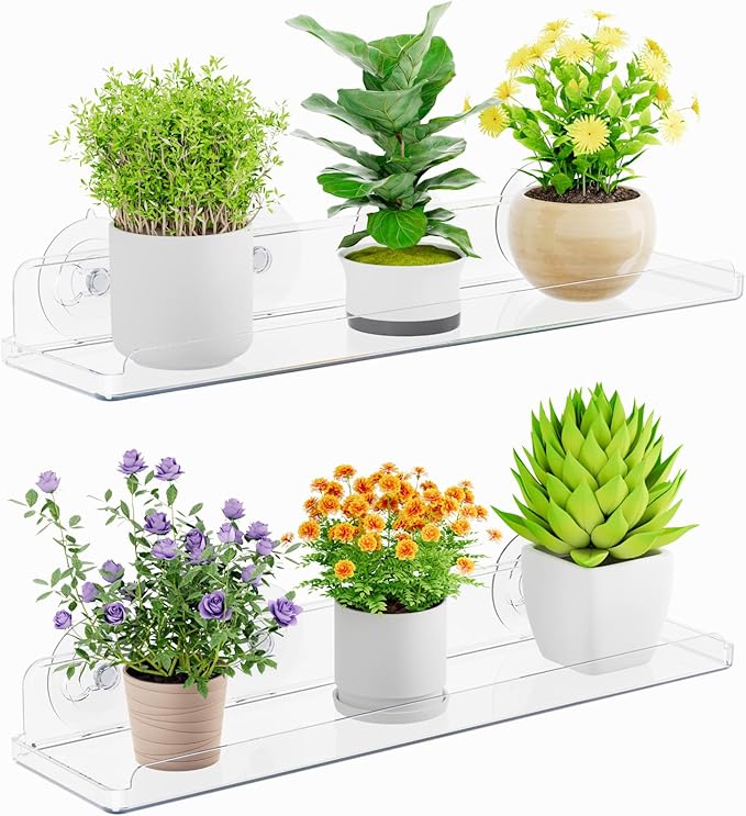 Lifewit Window Plant Floating Shelves 14.6x3.6, 2 Pack Acrylic Suction Cup Shelf, Window Sill Extender for Indoor Succulent Plants, Micro Greens, Seed Starter Pots, Herb Planters 37 x 9 cm/14.6x3.6 Lifewit