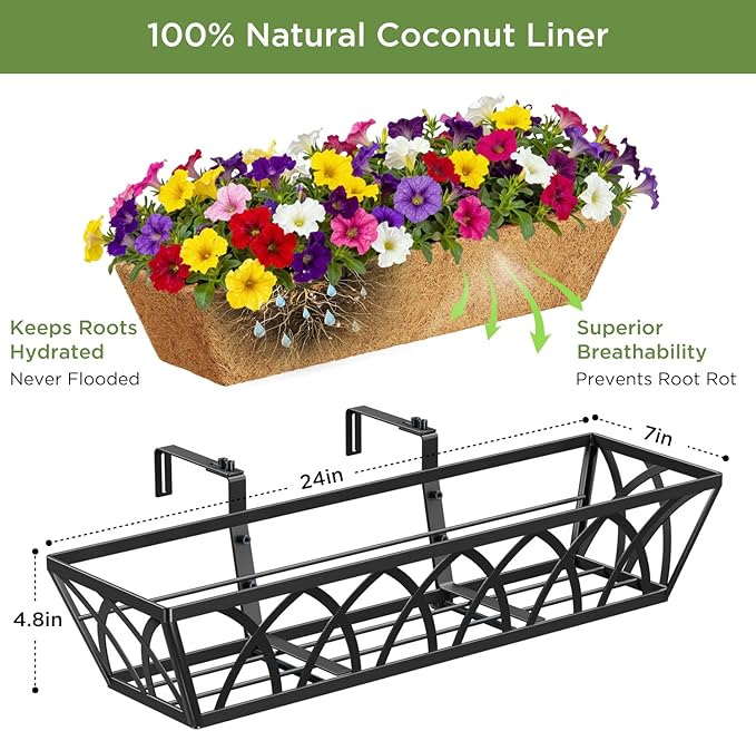 24 Inch Window Deck with Coco Liner, 24" Window Boxes Horse Trough with Coconut Coir Liner, Fence Metal Hanging Flower Planter Window Basket Deck Railing Planter Boxes for Outdoor Garden Lawn, 4pcs YM