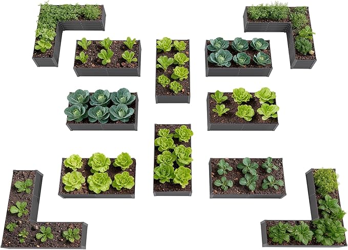 A ANLEOLIFE Set of 12 18 Inch Tall Raised Garden Beds Kit, Rectangular & L-Shaped Combo Metal Planters – Ideal for Backyard DIY Creative Layouts, Quartz Grey AAnleolife