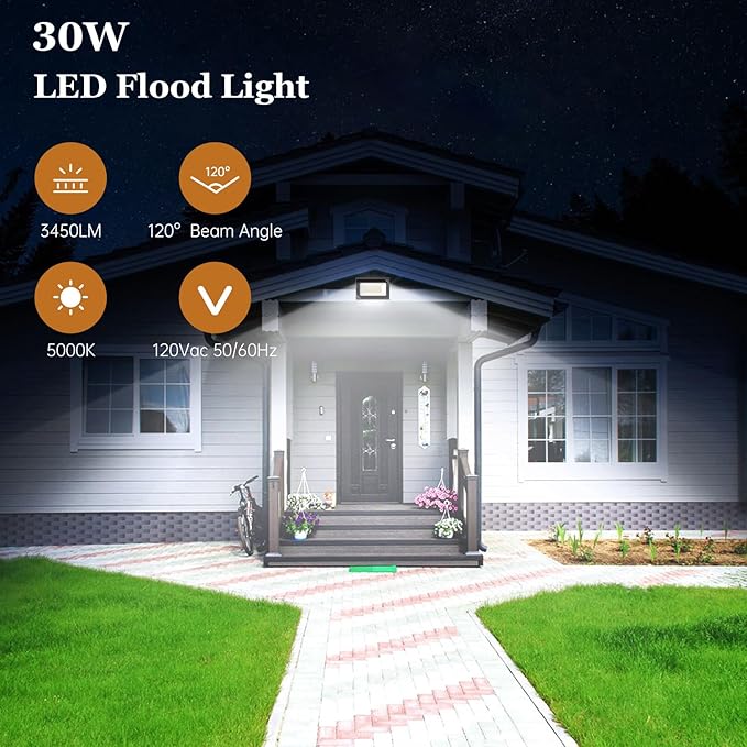 dephen 30W LED Flood Lights Outdoor with Bracket Mount, 3450Lumen 120V Security Lighting, 5000K IP65 Waterproof Wall Pack Floodlight for Garden Yard Patio Porch (UL-Listed) dephen