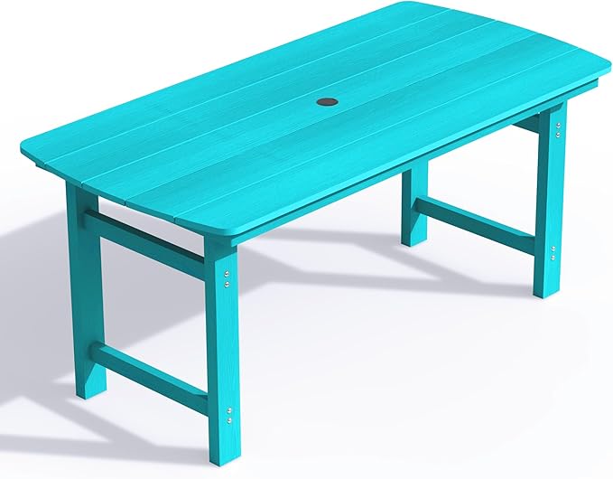 Ciokea HDPE Outdoor Dining Table with Umbrella Hole,66" Rectangle Patio Table for 6,All-Weather Outdoor Patio Furniture Set for Garden Backyard, Lake Blue CIOKEA