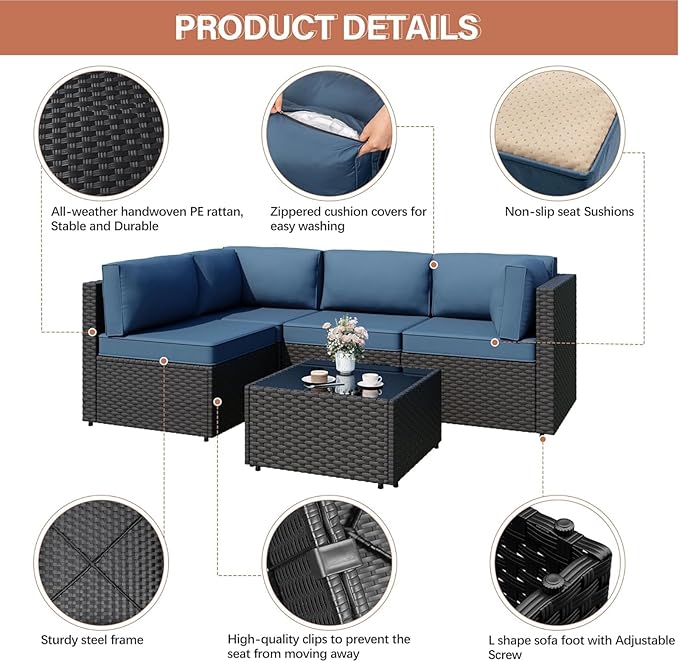 JAMFLY Patio Furniture Sets, 6-Piece Outdoor Patio Furniture with 43'' Propane Gas Fire Pit Table, Wicker Outdoor Conversation Set Sectional Sofa for Backyard, Poolside, Garden, Aegean Blue JAMFLY