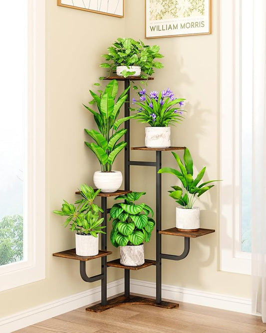Corner Plant Stand Indoor - 6 Tiered Indoor Plant Stand Square Metal Plant Shelf, Plant Organizer for Living Room, Graden, Balcony, Home Decor (Brown) Homsorout