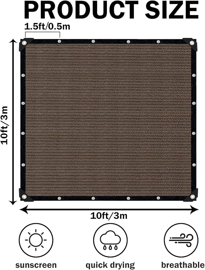 Mocha Sun Shade Cloth,Pergola Shade Cover with Reinforced Grommets,90% Shade Fabric Fence Privacy Screen Balcony,Pergola Shade Cover Canopy Garden Carport Porch Deck Patio Shade Cover,10x10FT IMSGVIFO