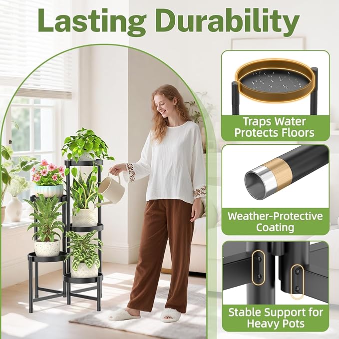 iDavosic.ly Plant Stand Indoor Outdoor, 5 Tier Corner Metal Flower Display Holder Shelf, Easy Assembly Folding Tall Orchid Rack for Patio Balcony Porch Garden Living Room House, Black iDavosicly