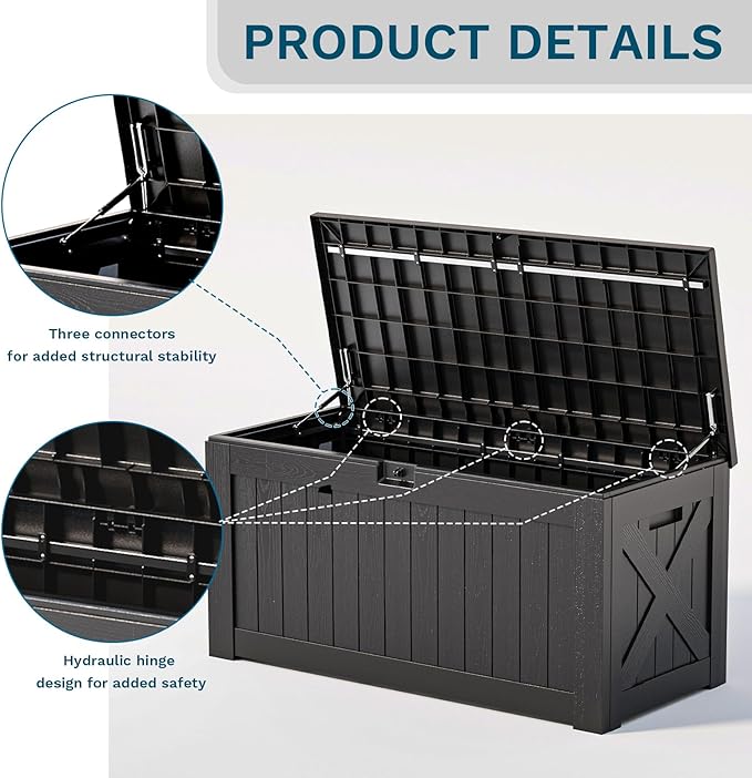 Patiowell 120 Gallon Large Deck Box, Outdoor Lockable Storage Box for Gardening Tools, Waterproof Deck Box for Patio Furniture, Black Patiowell