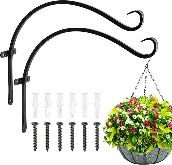 FEED GARDEN 18 Inch 2 Pack Outdoor Hanging Plant Bracket for Bird Feeders, Wind Chimes, Lanterns, Heavy Duty Metal Iron Wall Hooks with 6 Screws FEEDGARDEN