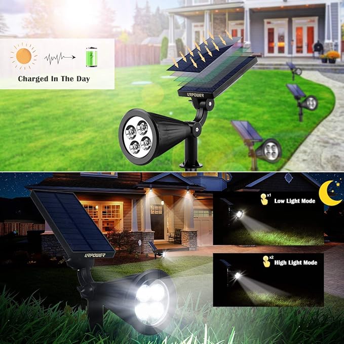 URPOWER Solar Lights Outdoor, 2-in-1 Waterproof Adjustable Solar Spotlights Outdoor Wall Light, Dusk-to-Dawn Solar Powered Landscape Lights for Backyard/Garden/Pathway/Pool/Porch (4Pack, Cool White) URPOWER