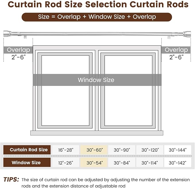 1” Diameter Silver Curtain Rod Itself is 30-60 inch 1 Pack, Fit 30 to 54 Windows with Heavy Duty Adjustable Telescopic Rod，Splicing Metal Extra Long Curtain Rod for Windows Sliding Glass Door Rootora