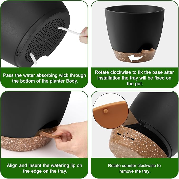 Plant Pots 12/10/9 Inch Self Watering Pots, Set of 3 Plastic Planters with Drainage Holes and Saucers,Plastic Flower Pots,Nursery Planting Pot for Indoor Out Door Plants(Black) QRRICA