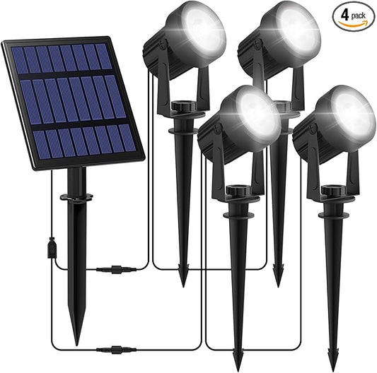 Solar Spot Lights Outdoor, 4-in-1 Solar Landscape Spotlight Waterproof 9.8ft Cable, 5W 3000mAh, Dusk to Dawn Auto ON/Off Adjustable Wall Lights for Yard, Ground, Garden, Pool, Lawn (Cold White) CREPOW