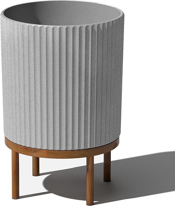 Veradek Demi Series Round Planter w/ Stand for Porch/Patio | Durable Plastic-Concrete & Wooden Stand | Modern Décor for Tall Plants, Flowers VeradekOutdoor