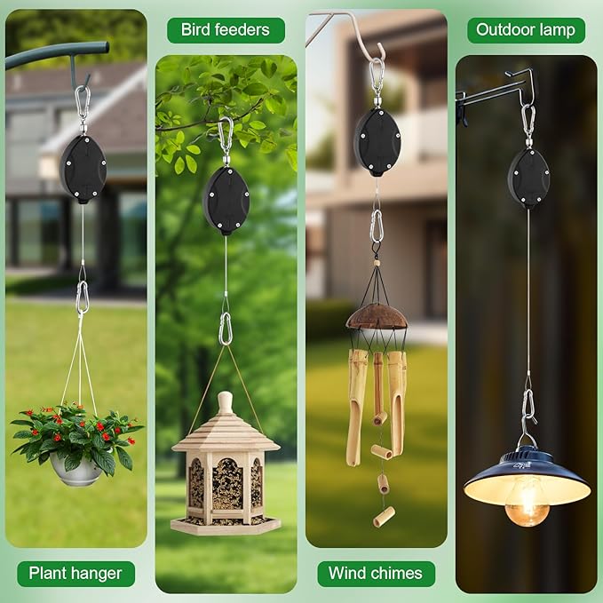 1 Pack Heavy Duty Retractable Plant Hangers, Adjustable Pull-Down Pulleys with 63" Stainless Steel Rope, Double Hooks for Hanging Plants, Bird Feeders, Planters & Pots, Indoor & Outdoor Use FYRVEXENZI