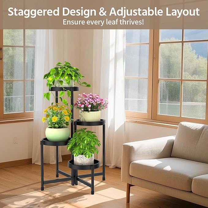 LASZOLA 4 Tiered Folding Plant Stand Indoor for Multiple Large Planter, Tall Heavy Duty Adjustable Rack with Rust Proof Plastic Shelving, Sturdy Vertical Tree Organizer for Narrow Inside Floor, Black LASZOLA