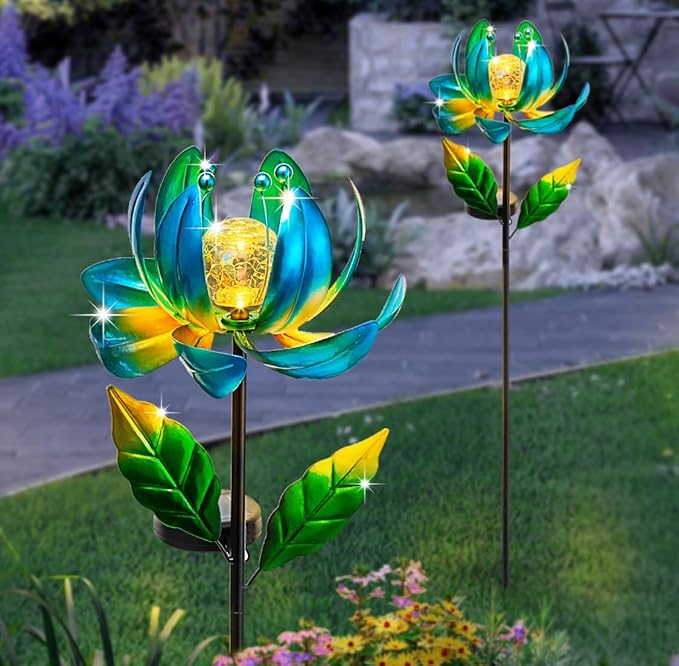 Solar Yard Lights Wind Spinners- Metal Lotus Flower Garden Decor LED Crackle Glass Globe Yard Art Sculpture Solar Stake Lights for Patio Pathway Lawn Walkway SUCUY