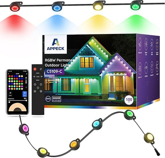 APPECK Permanent Outdoor Lights 100ft with 72 LEDs, DIY Scene Modes, Smart RGBW String Lights Waterproof, App/Remote Control for Christmas, Holiday, Alexa/Google Assistant Compatible, Black APPECK