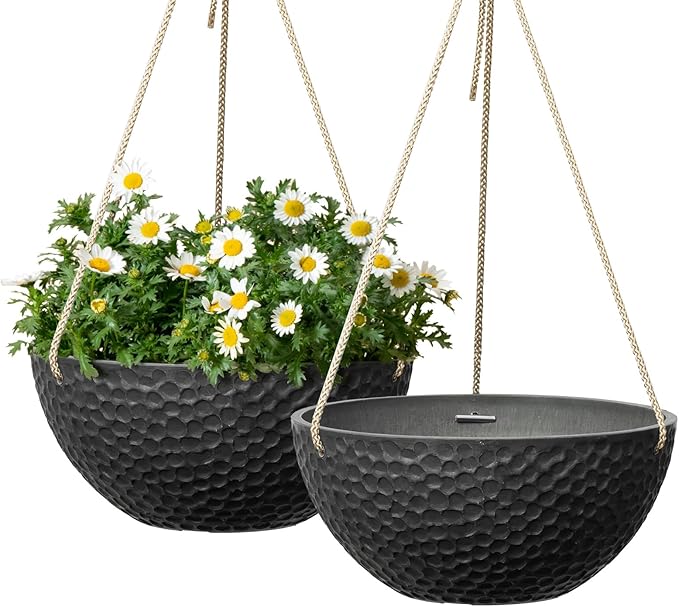 LA JOLIE MUSE Hanging Planters for Indoor Plants, Medium Hanging Planters with Drain Holes, Outdoor Hanging Flower Pots, Matte Black, Honeycomb (10 Inch, Set of 2) LaJol%C3%ADeMuse