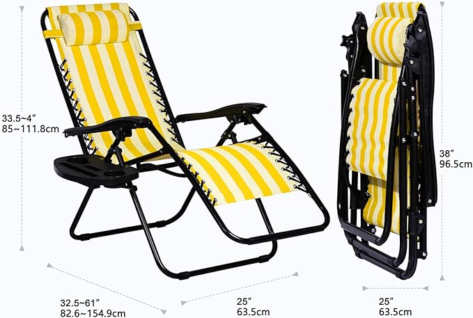 Nazhura Set of 2 Relaxing Recliners Patio Chairs Adjustable Steel Mesh Zero Gravity Lounge Chair Beach Chairs with Pillow and Cup Holder (Yellow Stripe) NazhuraGoodCompanionAtHome