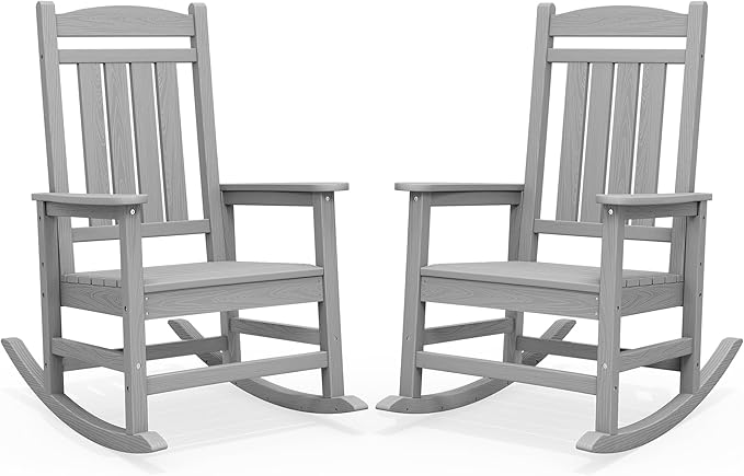 SERWALL HDPE Outdoor Rocking Chair Set of 2, Oversized Patio Rocking Chairs, All-Weather Porch Rockers for Adults, Light Gray SERWALL