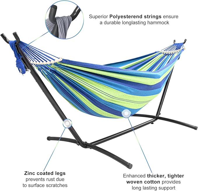 SZHLUX Double Hammock with Stand Included 450lb Capacity Steel Stand, Premium Carry Bag Included.Indoor Outdoor Brazilian-Style Cotton Bed for Backyard, Camping,Garden,Green SZHLUX
