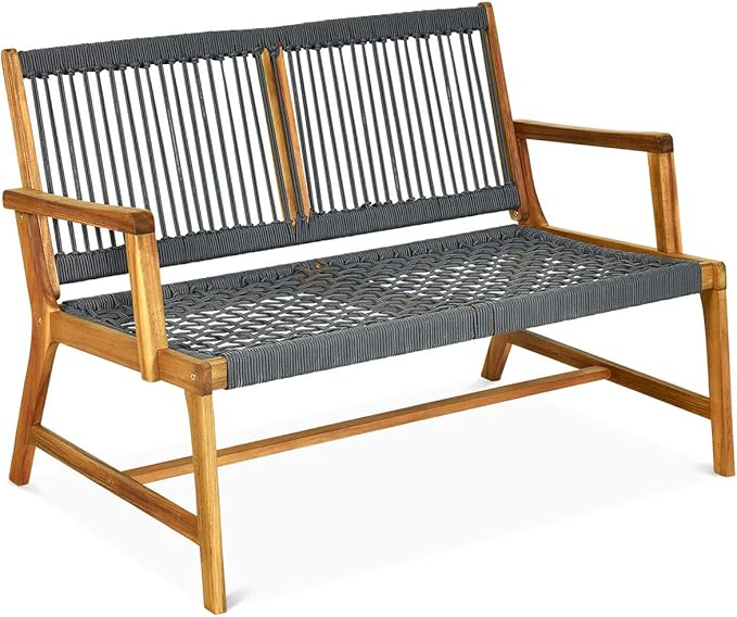 Tangkula 2-Person Patio Acacia Wood Bench Loveseat, Outdoor Patio Rope Bench in Teak Oil Finish, for Balcony Deck Poolside Porch (Grey) TANGKULA