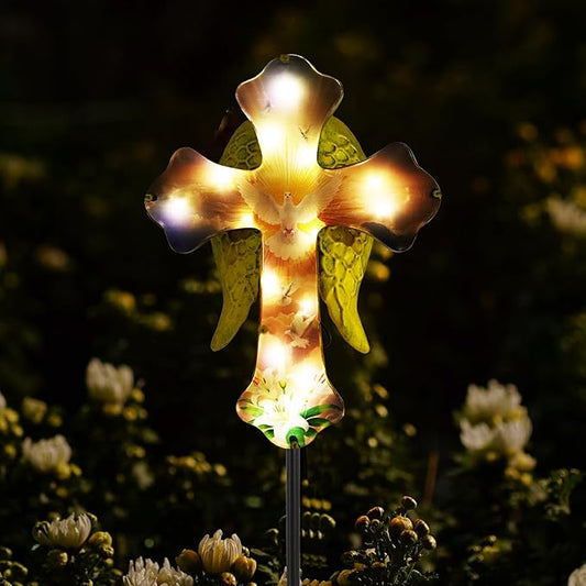 Solar White Dove Cross Garden lamp - Angel Wing Memorial Decoration, Waterproof Cemetery Solar Wooden Stake lamp for Easter, Courtyard, Yard - A Sympathetic Gift for Loved Ones. Rootora