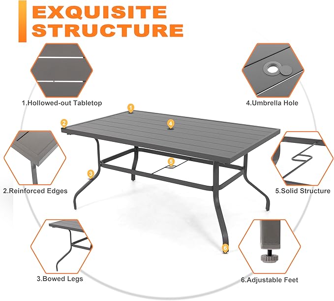 NUU GARDEN 7-Piece Outdoor Dining Set for 6, 61'' x 37'' Rectangle Metal Table with Umbrella Hole & 6PCS Textilene Swivel Chairs, All-Weather Patio Outdoor Furniture for Porch Backyard Garden Poolside NUUGARDENCORPORATION