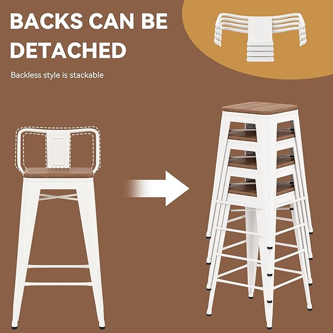 Yongchuang 30 inch Bar Stools Set of 2 Kitchen Bar Height Chairs with Wood Seat Industrial Low Back Metal Barstools Cream White YongchuangInternational
