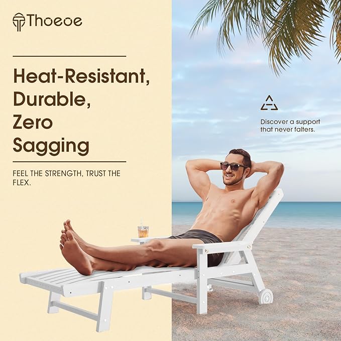 Patio Chaise Lounge Chair Set of 4, Oversized Lounge Chair Outdoor with 5 Positions, HDPE, Patio Lounge Chair with Wheels & Cup Holder for Pool, Deck, Poolside,White THOEOE