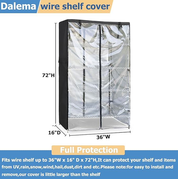 Waterproof Shelf Cover,Outdoor 600D Heavy Duty Dustproof Storage Shelves Cover,36''x16''x72'' Shelf Covers for Wire Shelving with Zippers,Storage Rack Covers with Clear Front Dalema