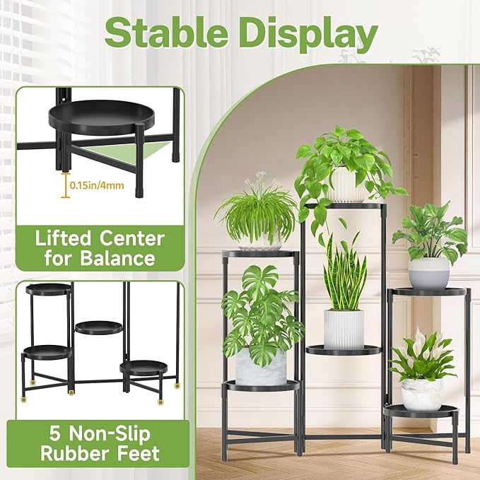 iDavosic.ly 6 Tier Large Plant Stand Indoor with Grow Light, Tiered Corner Metal Outdoor Flower Display Holder Shelf with 10 Inch Wide Tray, Folding Tall Rack for Patio Porch Living Room, Black iDavosicly