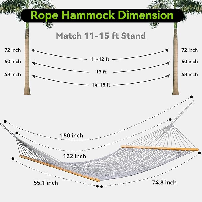 Double Hammock for 2 Person, Handwoven Rope Hammock with Spreader Bar Without Stand - Indoor & Outdoor Use for Patio, Poolside, Backyard (Grey) ANAGOO