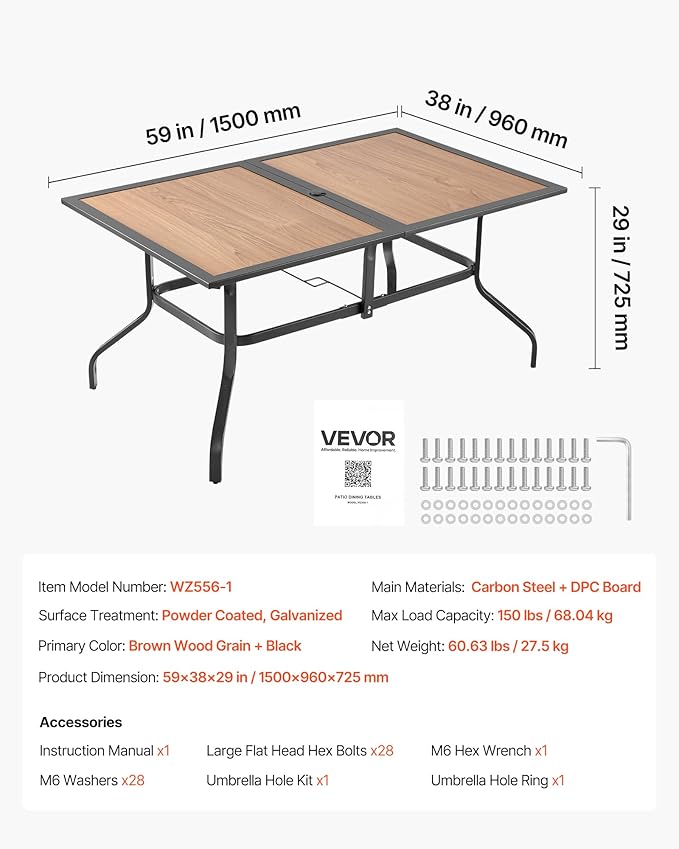 VEVOR Outdoor Patio Dining Table, 59 inch Long Rectangular Wood-Like Steel Slat Backyard Bistro Tables for 4-6, with 1.5 in Umbrella Hole, All-Weather Large Furniture for Lawn Garden Porch, Brown VEVOR