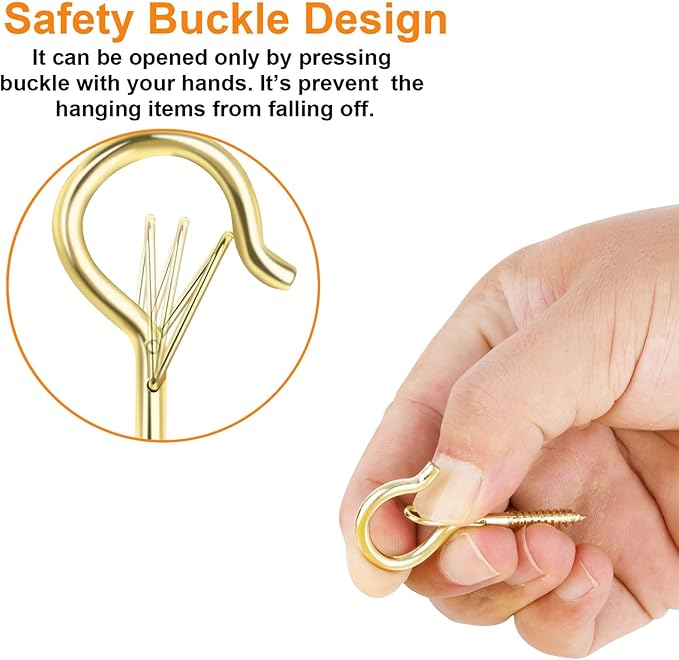 12 PCS Q-Hanger Hooks, Screw Hooks for Outdoor String Lights, Safety Buckle Design Cup Eye Hook for Hanging Christmas Lights, Plants, Wind Chimes, Mounted on Wall Ceiling, Windproof, Gold FSAH