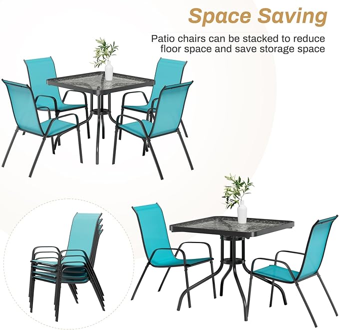Arlopu 5 Piece Outdoor Patio Dining Set (Umbrella not Included), Porch Furniture with 4 Textline Chairs, 1 Square Glass Table for Garden, Backyard and Poolside, Lawn (Blue) Arlopu