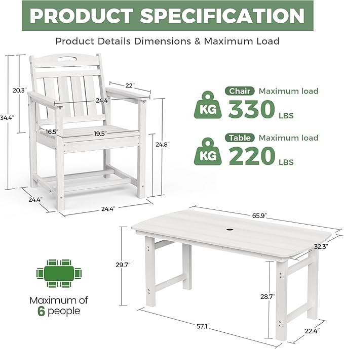 HDPE Outdoor Patio Dining Set with Table & 4 Chairs, All-Weather 5-Piece Outdoor Table and Chairs, 2" Umbrella Hole, Patio Furniture for Garden, Backyard, Deck | White Suunyn