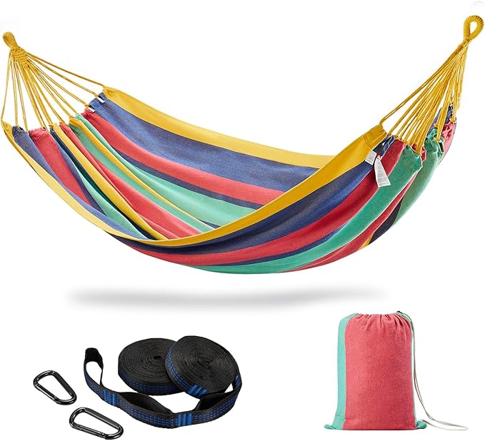 Brazilian Double Hammock with Tree Straps,Extra Large 94x63IN,2 Persons Hammock for Backyard Patio Outdoor and Indoor,450lbs Weight Capacity,Soft Woven Cotton Fabric - Aqua Bule Stripe CHULIM