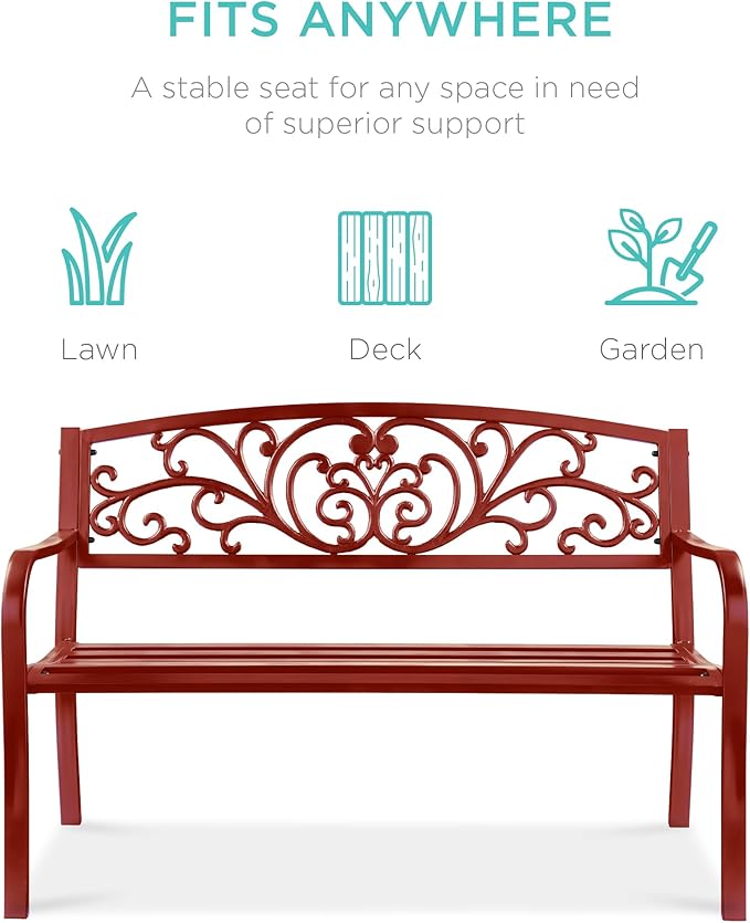 Best Choice Products Outdoor Bench Steel Garden Patio Porch Furniture for Lawn, Park, Deck w/Floral Design Backrest, Slatted Seat - Rust BestChoiceProducts