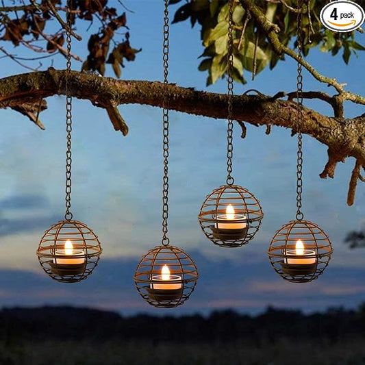 Solar Hanging Lanterns Outdoor Waterproof, Rust Iron Ball Candle Holder with Flickering Solar Powered Tea Lights, Perfect Chargeable Solar Lights for Backyard Patio Garden Fence Tree Decoration-4Pack TWINKVILLA