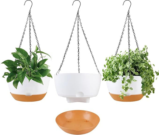 10 inch Hanging Planters Self Watering Pots for Indoor Plants, 3 Pack Plastic Hanging Basket with Removable Tray for Home Garden Porch Balcony Patio Decor (White) KPUVX