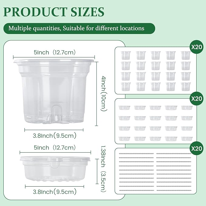 20 Pack 5 Inch Clear Self Watering Plant Pots with Bottom Water Tray & Watering Rope, Transparent Nursery Pots with Drainage for Seedlings, Herbs, and Houseplants Bluepro