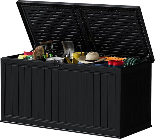 Devoko 260 Gallon Double-Wall Deck Box with Divider, Side Handles, Resin Outdoor Large Storage Box Waterproof and Lockable for Patio Furniture, Garden, Pool (Black, 260 Gallon) DEVOKO
