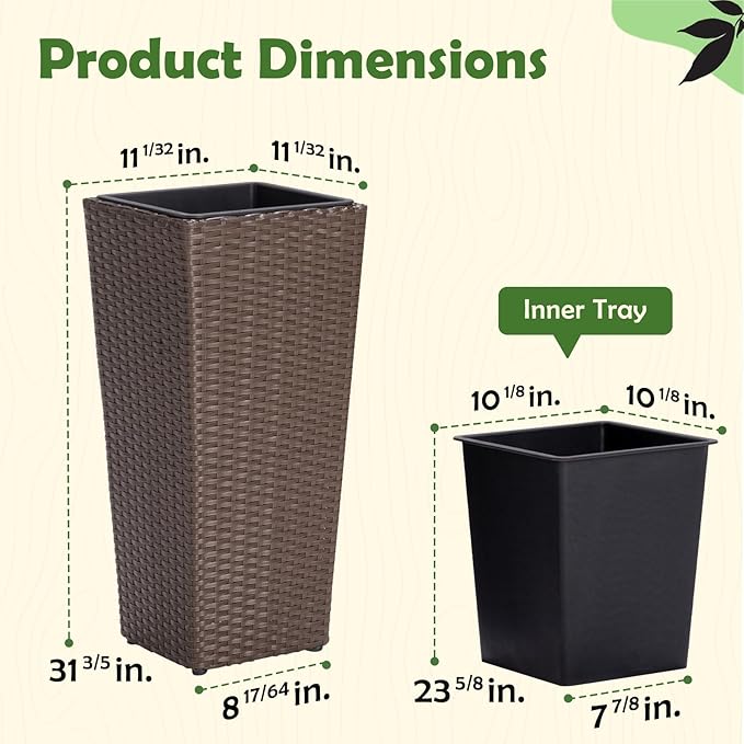 Idzo All Weather Wicker Planters for Outdoor Plants Set of 2, 24 inch Tall Planter for Front Porch, Patio, Balcony, Indoor Usage - Square Rattan Flower Pots, Mocha Idzo