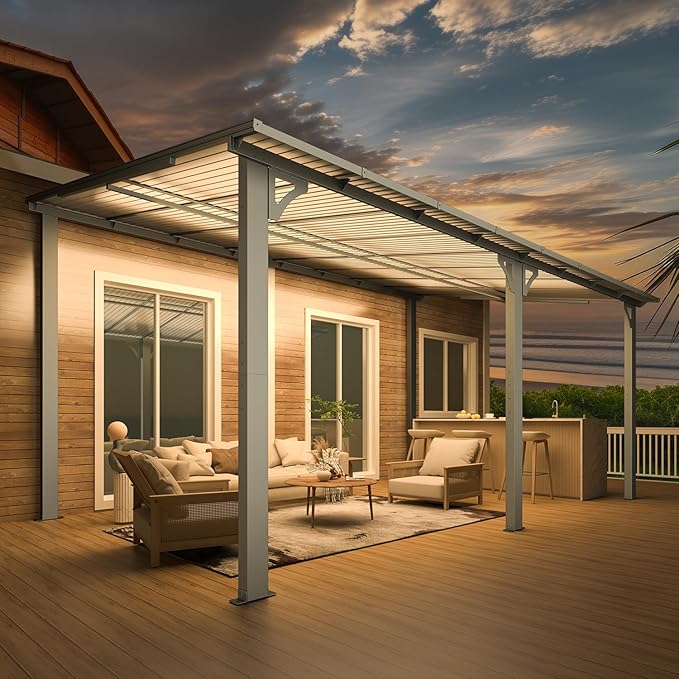 AECOJOY 16' x 10' Gazebo Outdoor Pergola, 10x16 Large Wall-Mounted Hardtop Lean to Metal Gazebo Shelter Pergolas and Gazebos Clearance with Patio Roof, Heavy Duty Awnings for Backyard, Decks AECOJOY